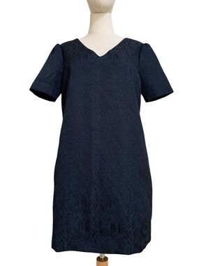 Cynthia Steffe Navy Paisley Textured V-Neck Shift Mini Dress Size 8